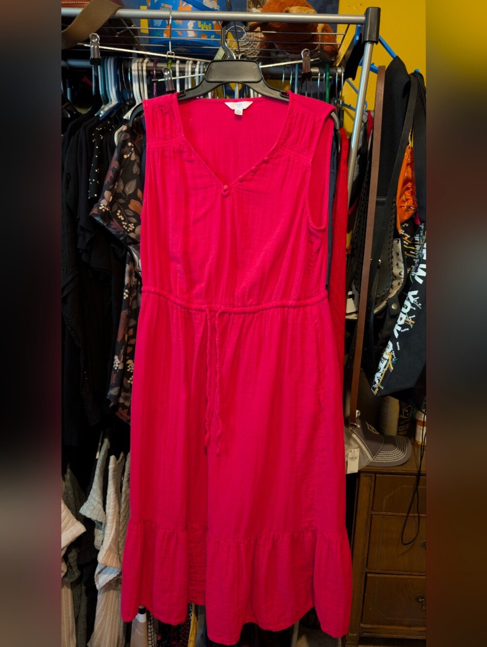 Time and Tru Hot Pink Sleeveless Drawstring Maxi Dress